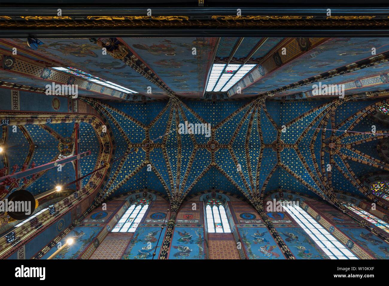 Vaulted ceiling, star vault of the gothic St. Mary's Basilica, 14th century, Krakow, Poland Stock Photo