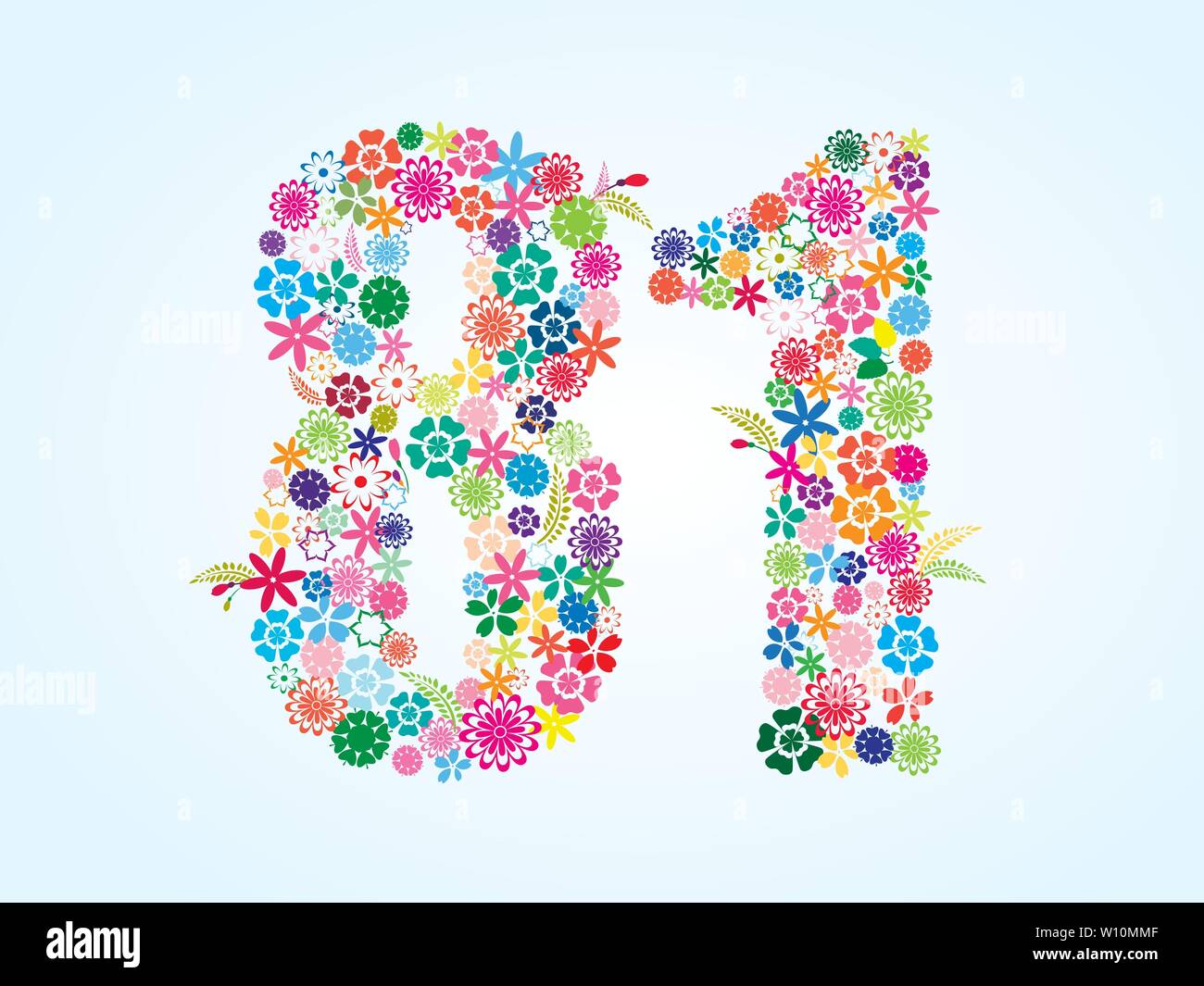 Vector Colorful Floral 81 Number Design isolated on white background. Floral Number Eighty One Vector Typeface. Stock Vector