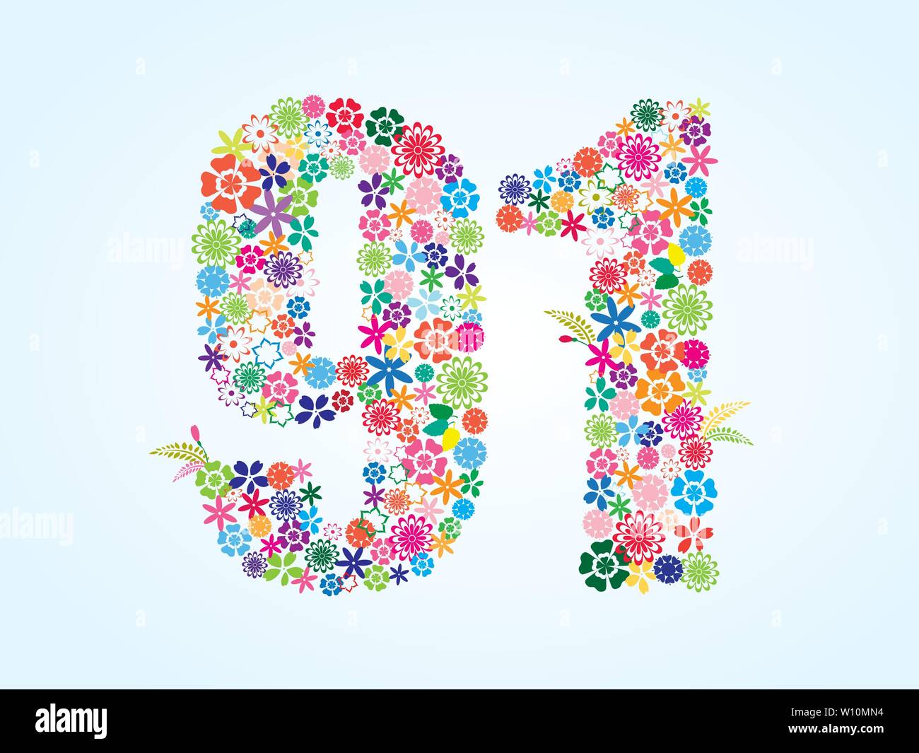Vector Colorful Floral 91 Number Design isolated on white background. Floral Number Ninety One Vector Typeface. Stock Vector
