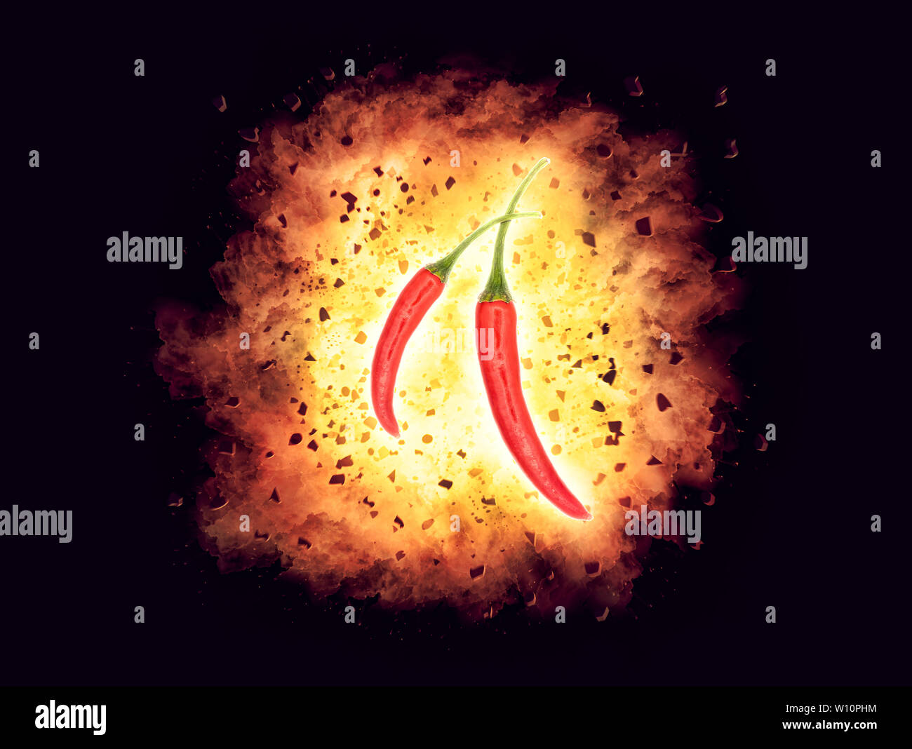 Explosive Hot Chili, red hot and on fire red Chili pepper.food . Stock Photo