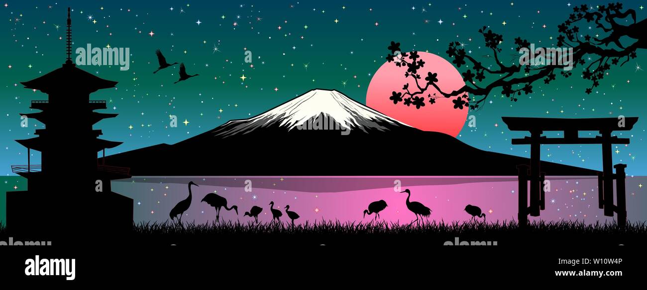 Cartoon Japanese landscape. Mount Fuji. Sea, cranes birds, pagoda, gate, cherry tree branch. Sunny sunrise over Mount Fuji. Stock Vector
