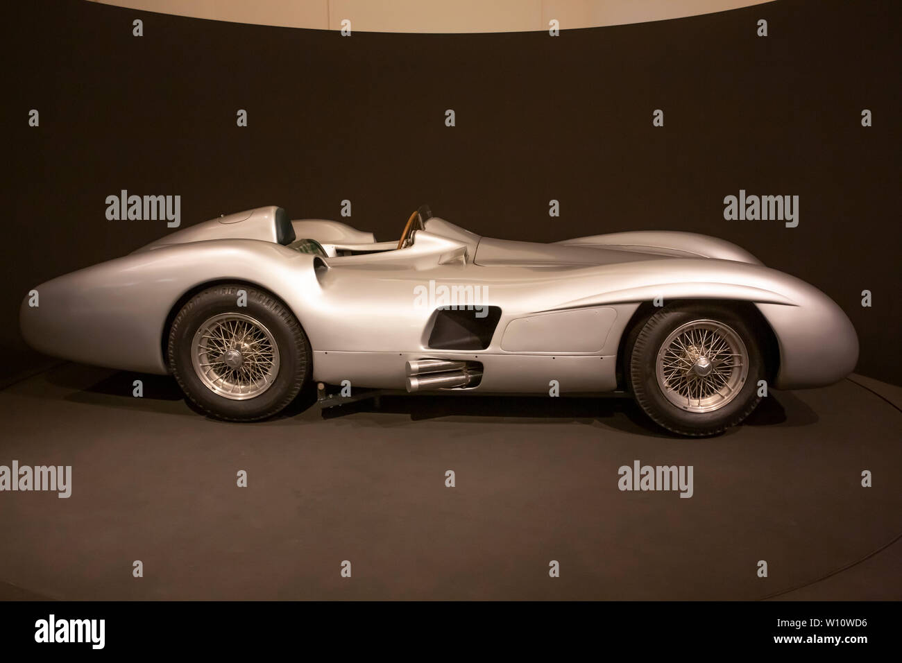 1950s Futuristic Mercedes Silver Arrow Grand Prix Racing Car driven by legend Stirling Moss.Top speed of 300km/h from 2.5 liter 8 cylinder engine. Stock Photo