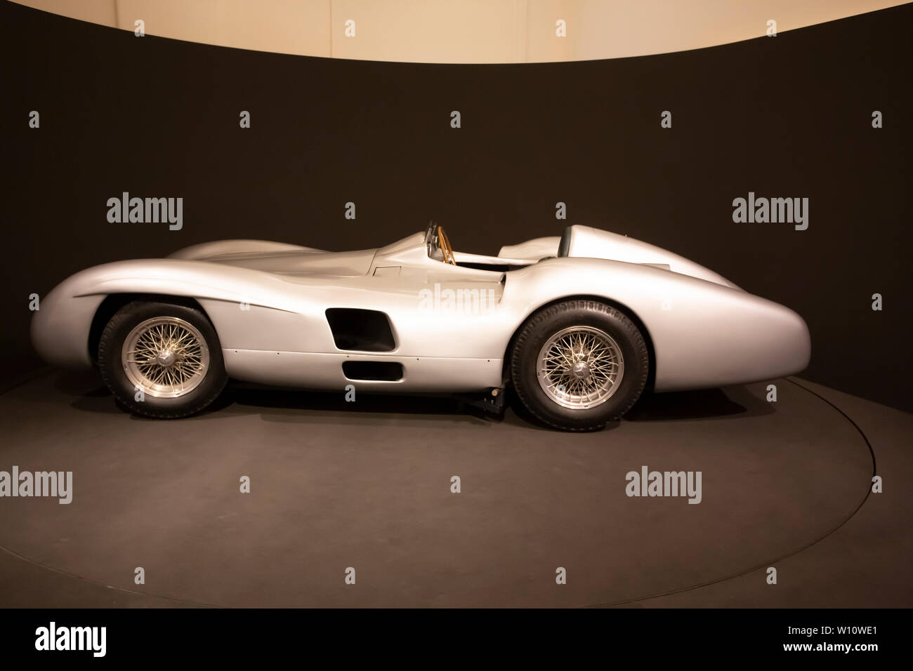 1950s Futuristic Mercedes Silver Arrow Grand Prix Racing Car driven by legend Stirling Moss.Top speed of 300km/h from 2.5 liter 8 cylinder engine. Stock Photo