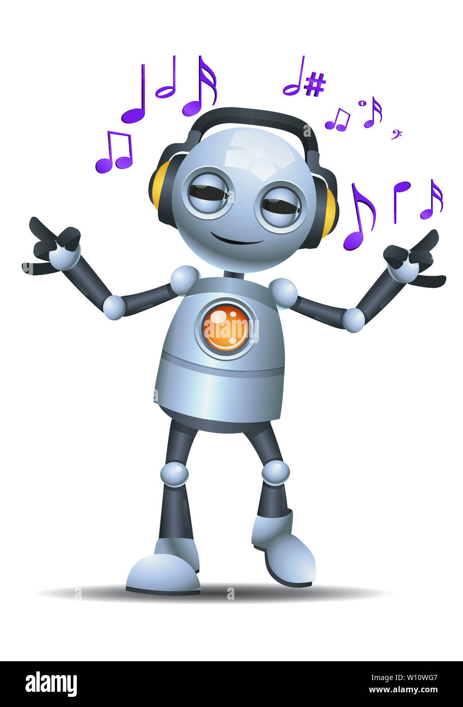 3D illustration of a little robot happy wearing headphone listening music  on isolated white background Stock Photo - Alamy