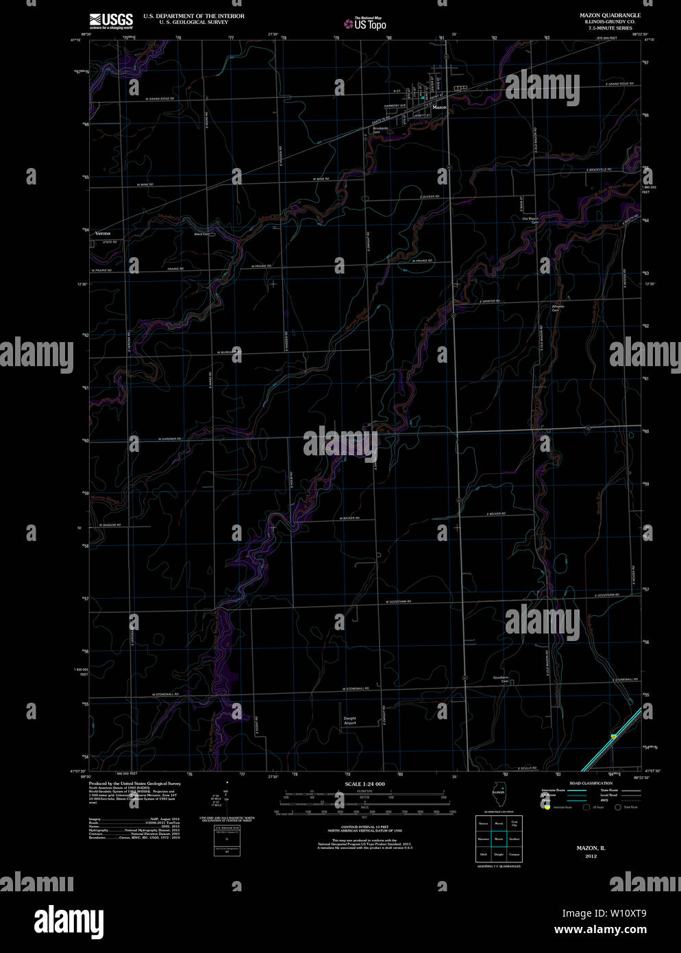 USGS TOPO Map Illinois IL Mazon 20120809 TM Inverted Restoration Stock Photo