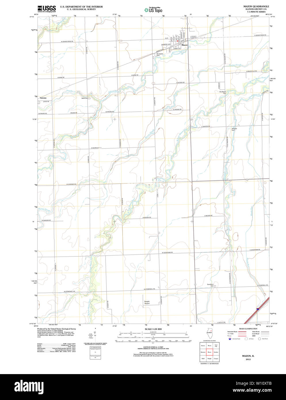 USGS TOPO Map Illinois IL Mazon 20120809 TM Restoration Stock Photo