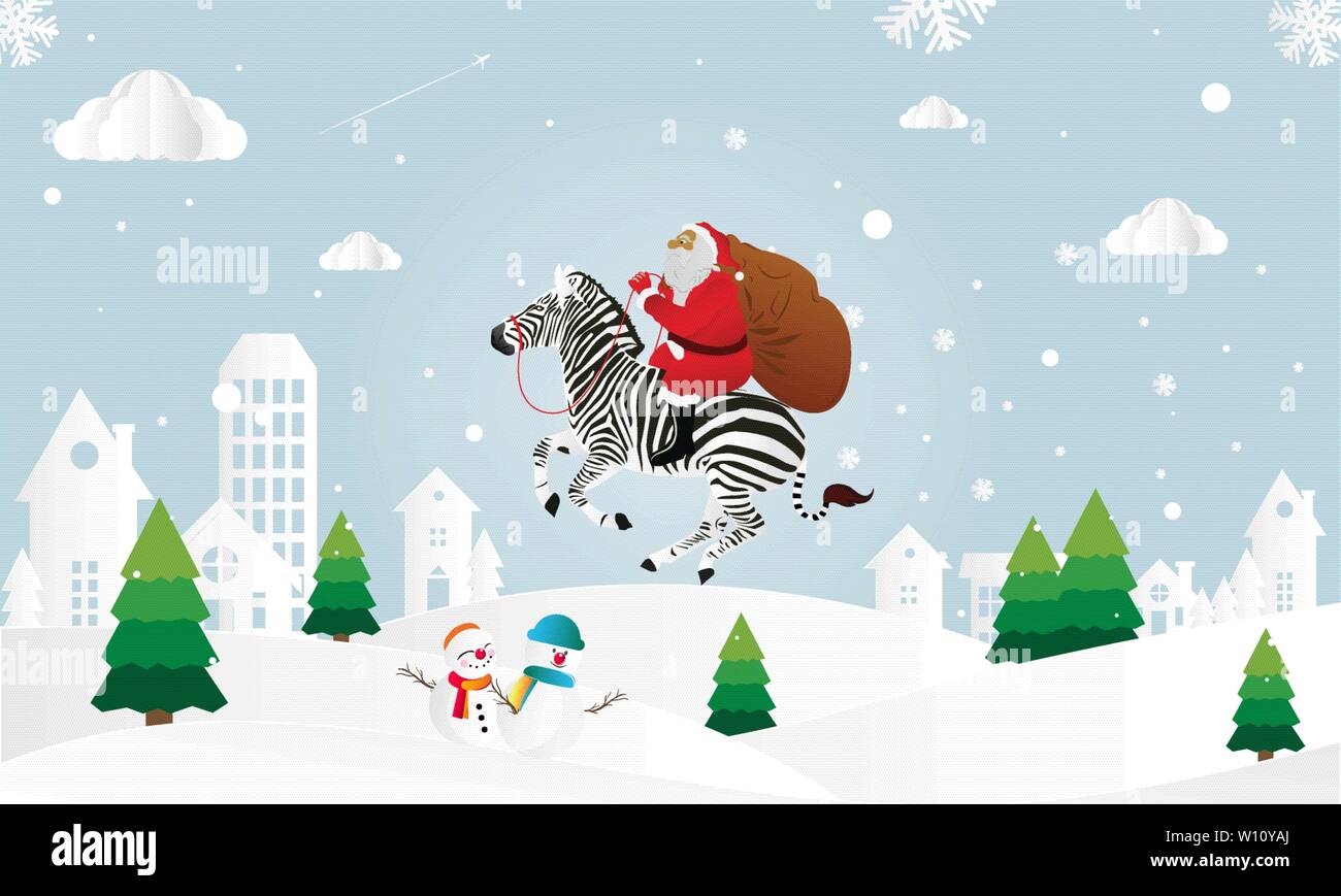 Merry Christmas and Happy New Year with Santa Claus and zebra Stock Vector