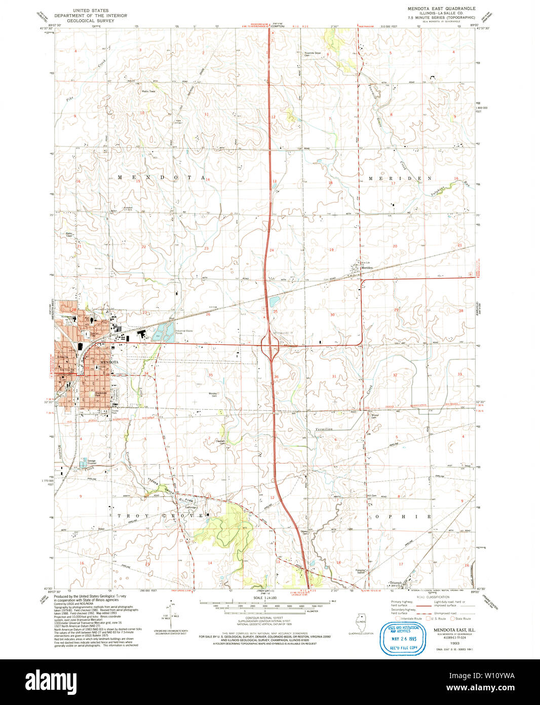 USGS TOPO Map Illinois IL Mendota East 308158 1993 24000 Restoration Stock Photo