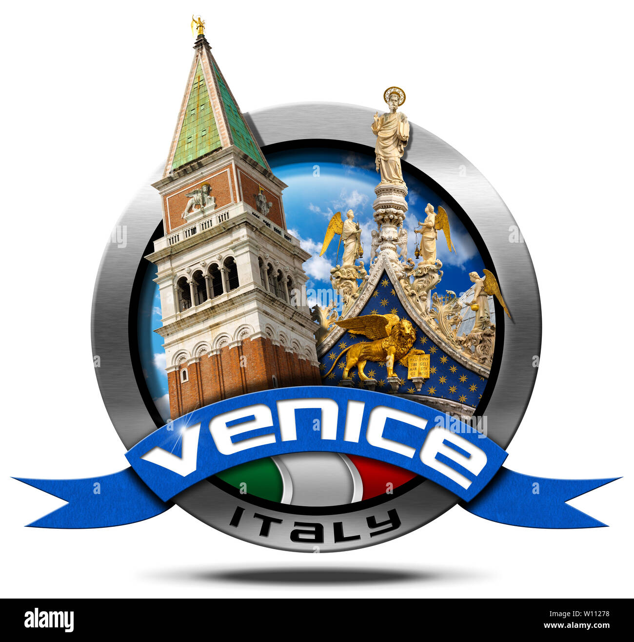 Round metal icon with Italian flag, blue ribbon with text Venice, with the  most important monuments of the city, bell tower and cathedral of St. Mark  Stock Photo - Alamy, image size:1300x1315