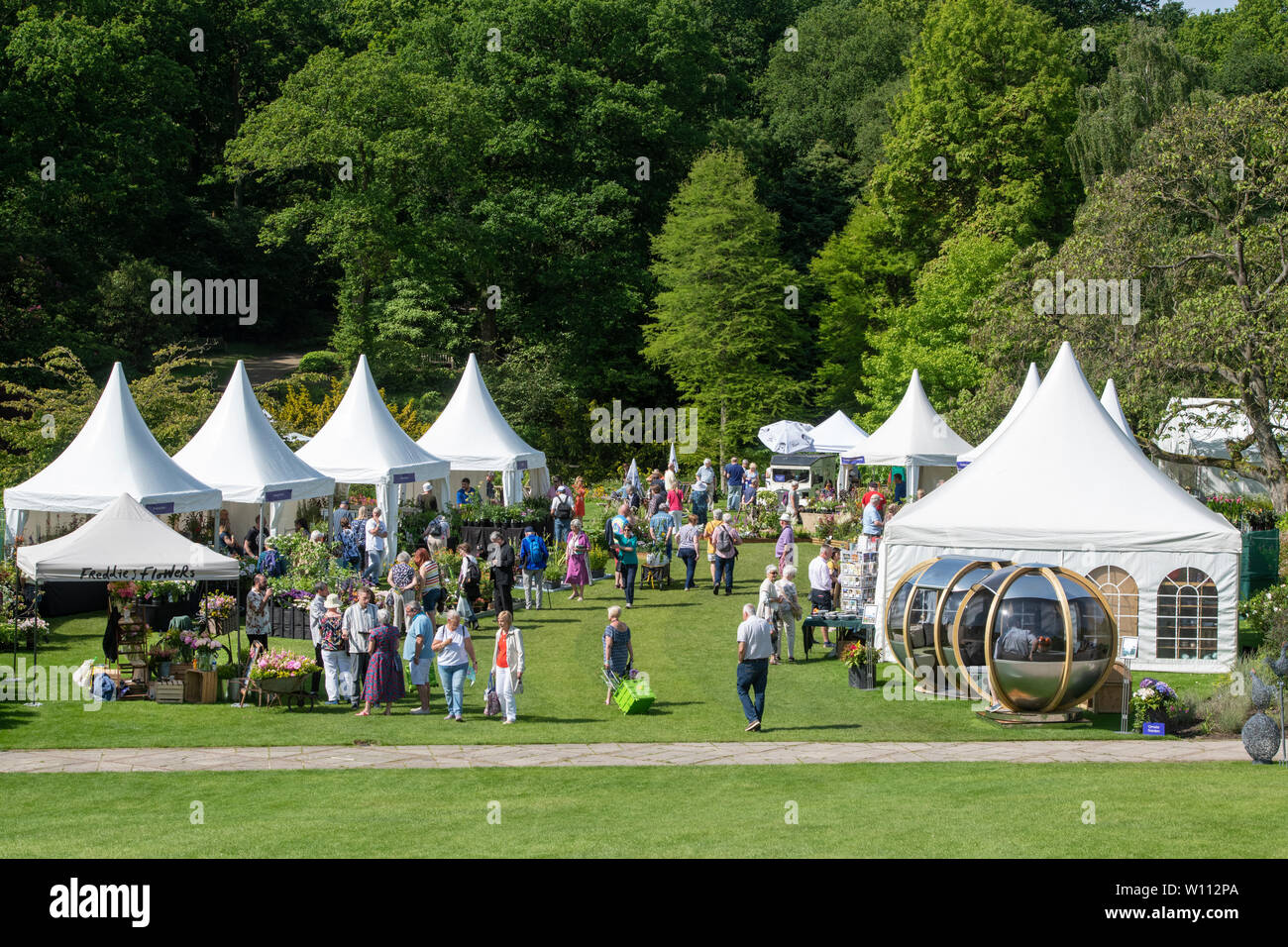 Plant nursery stands at RHS Harlow Carr flower show. Harrogate, England
