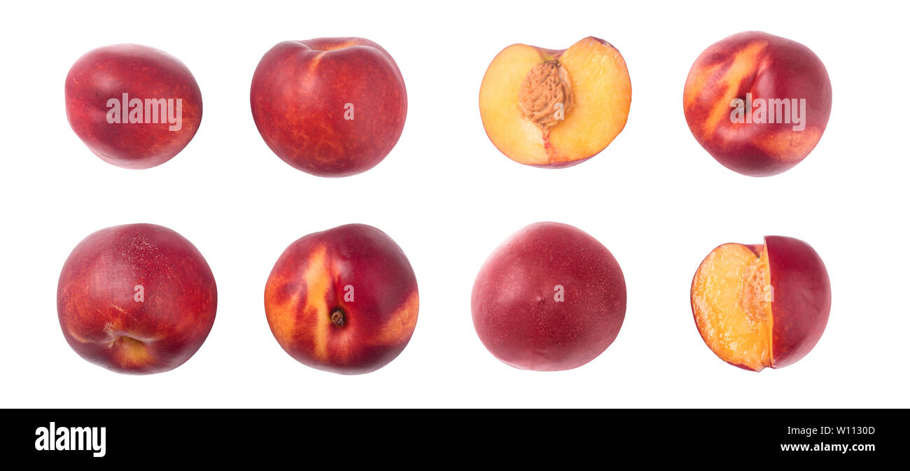 ripe nectarine isolated on white background. Top view. Flat lay pattern. Set or collection Stock Photo