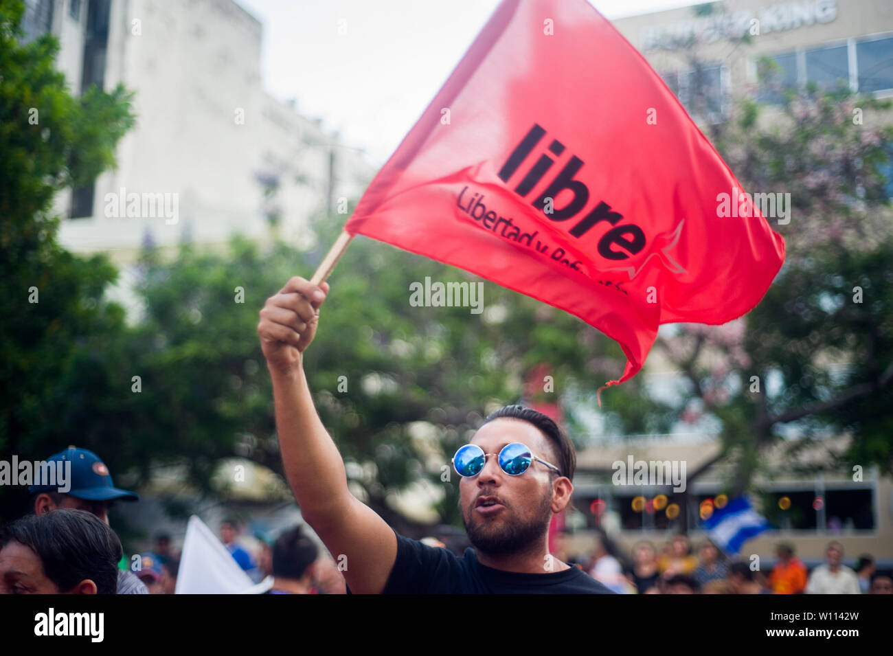 Tegucigalpa, Honduras. 29th June, 2019. A man wavess a LIBRE flag Credit: Camilo Freedman/ZUMA Wire/Alamy Live News Stock Photo