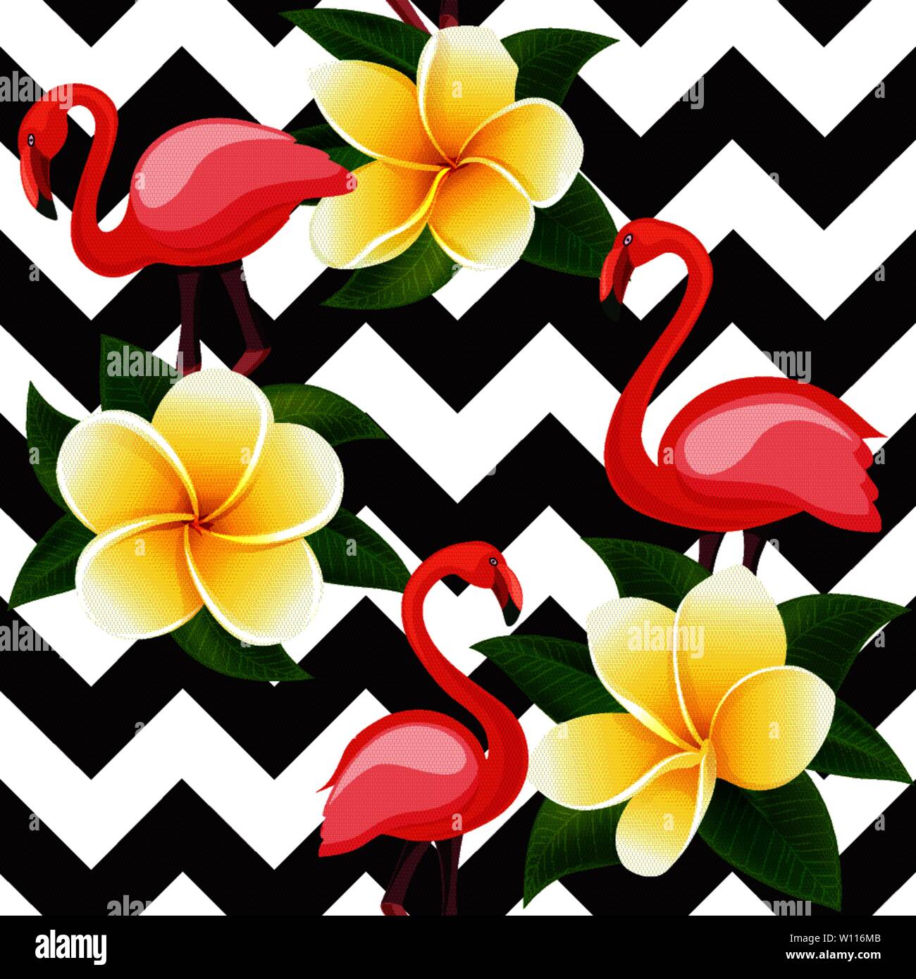 Tropical modern seamless pattern with pink flamingos and flowers on ...