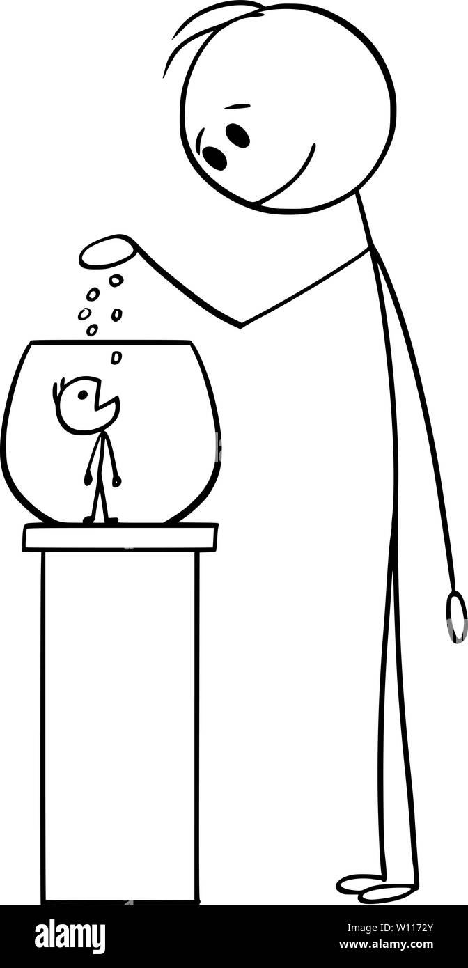 Vector cartoon stick figure drawing conceptual illustration of man feeding another small man as animal or pet in vivarium or terrarium or fishbowl. Stock Vector