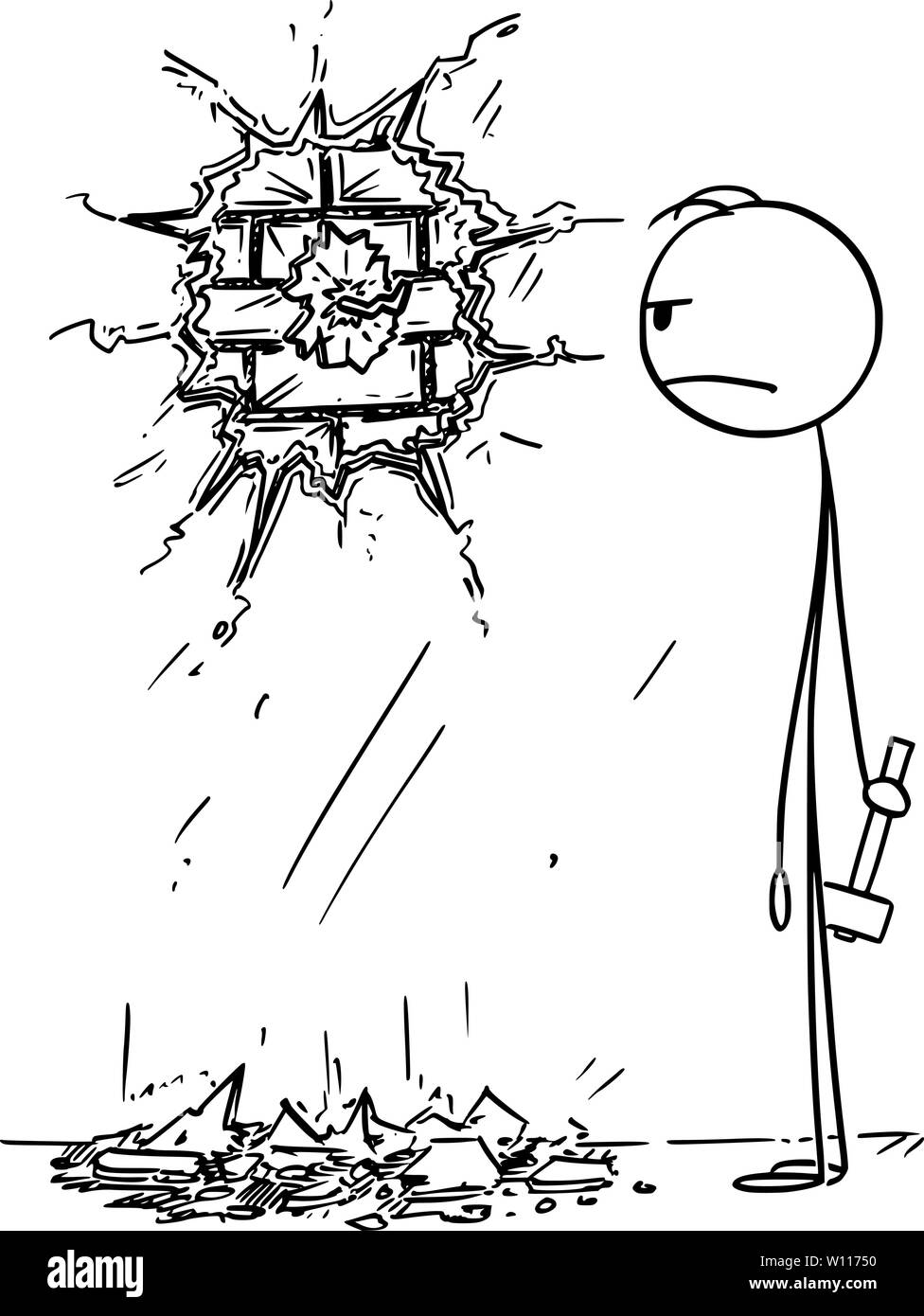 Vector cartoon stick figure drawing conceptual illustration of clumsy angry man, who destroyed the wall or plaster while tried to hammer or knock a nail or hook in to wall. Stock Vector