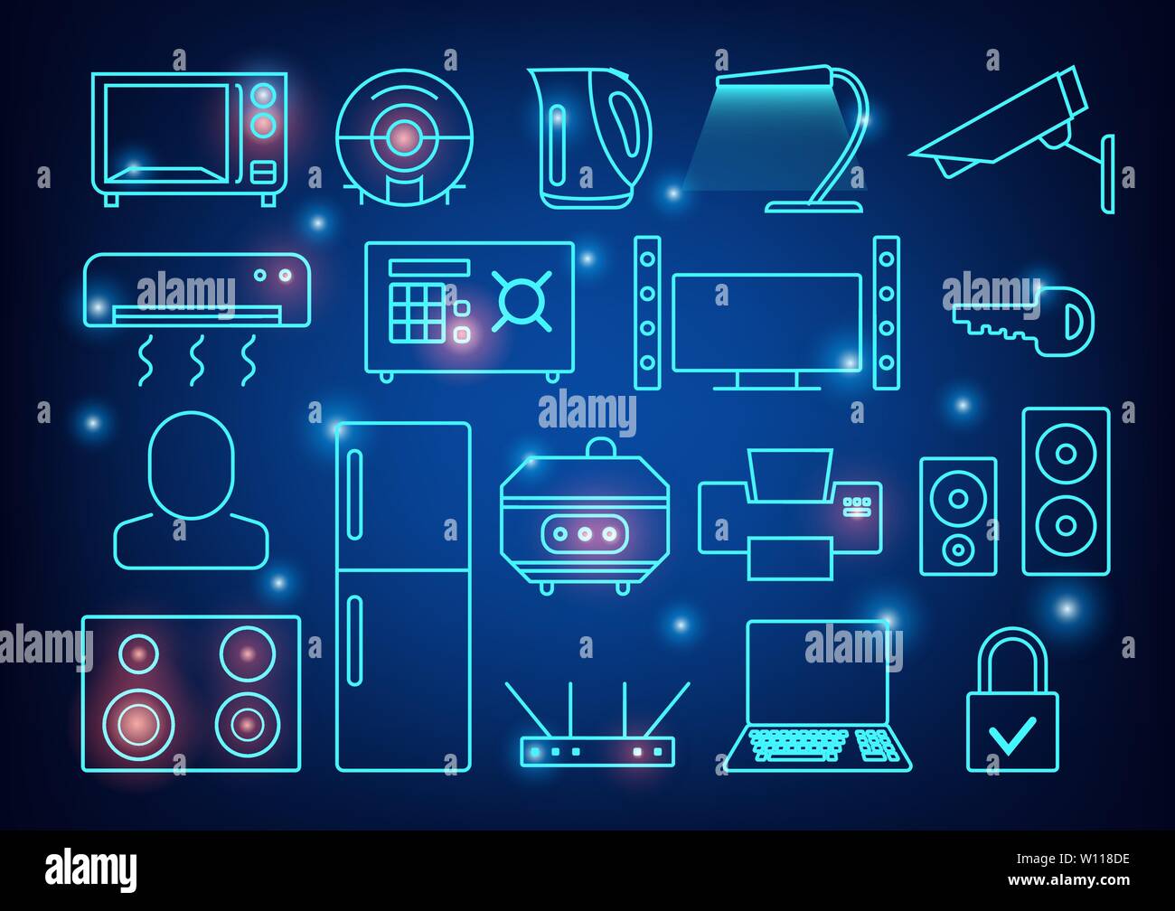 Smart home automation vector background. Connected smart home devices like phone, smart watch, tablet, sensors, appliances. Network of connected Stock Vector