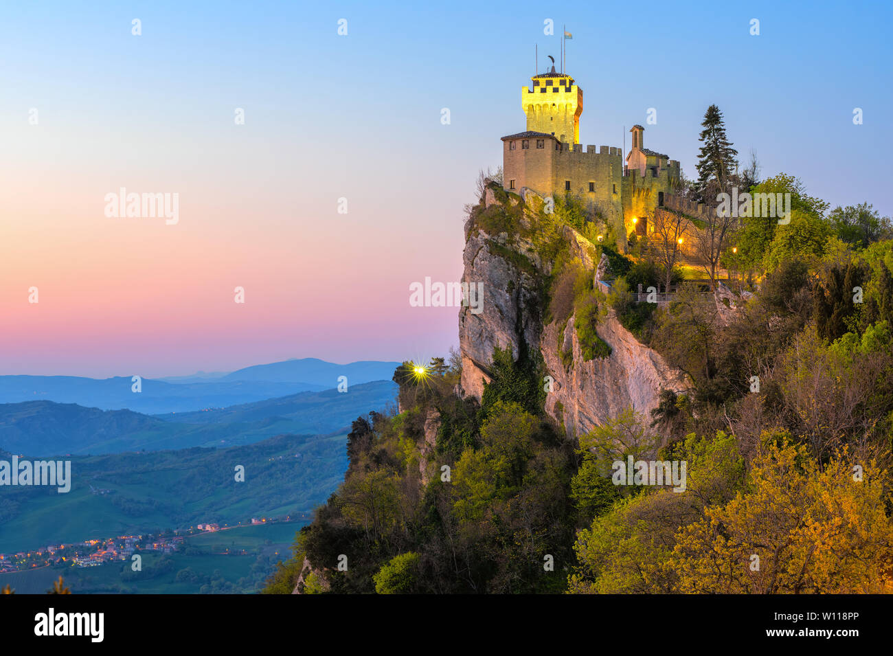 Cesta, the Second Tower of San Marino, on the highest top of Mount Titano rock in sunrise light, Republic of San Marino. Stock Photo