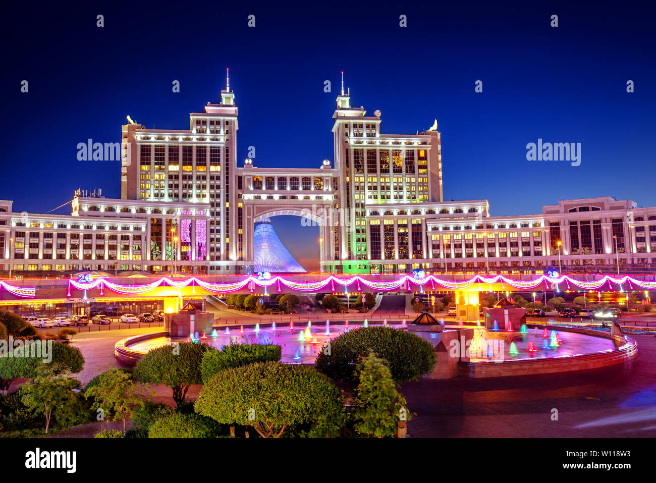 Astana, Kazakhstan, night view of the city illuminated to celebrate its 20th anniversary as capital of Kazakhstan Stock Photo