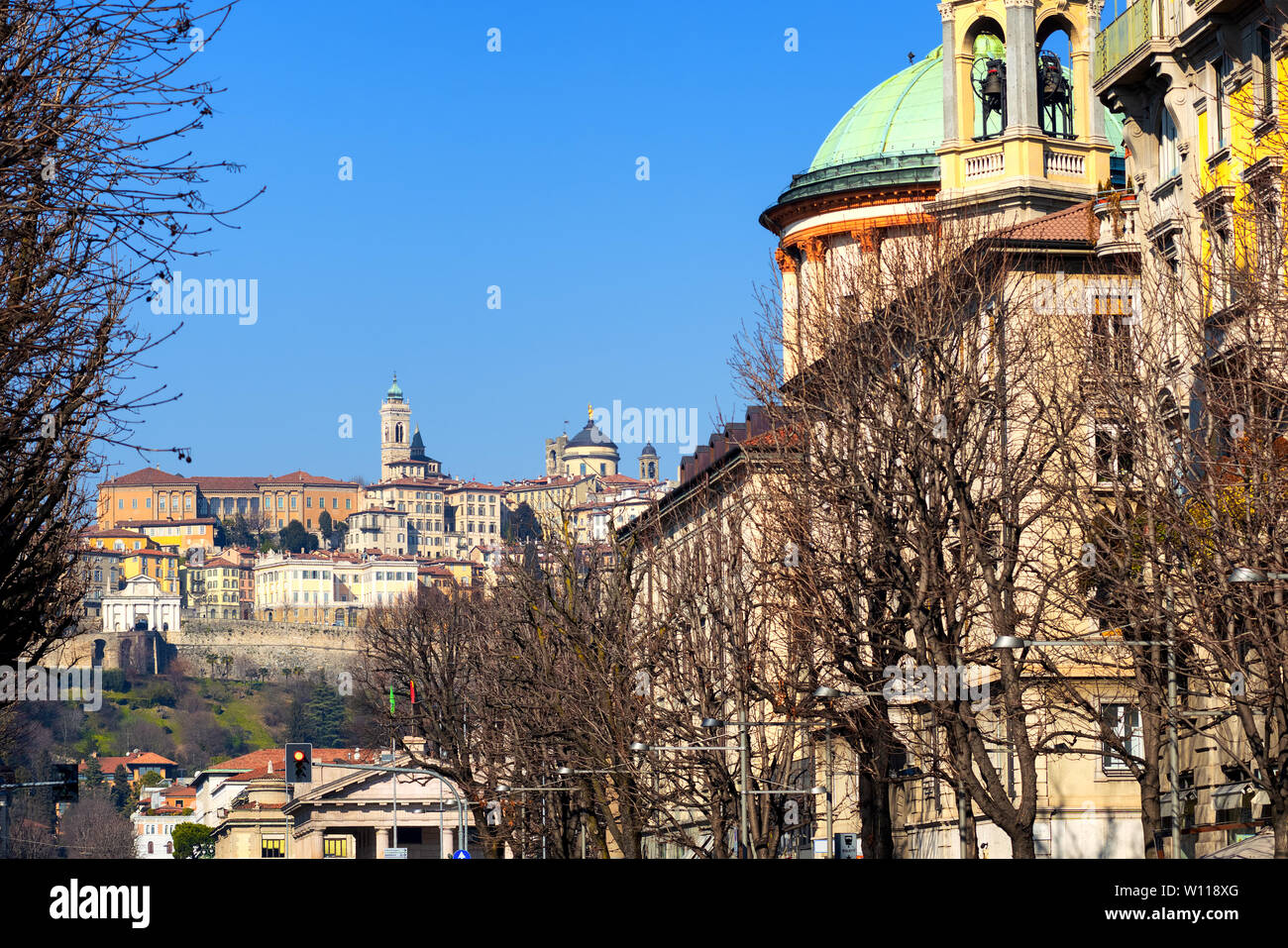 Bergamo, view of the Upper Town (Citta alta) from the Lower Town (Citta bassa), Lombardy, Italy Stock Photo