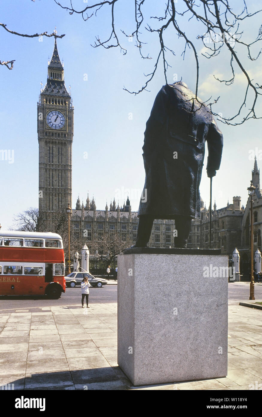 Statue of Winston Churchill, Parliament Square, London, England, UK. Circa 1980's Stock Photo