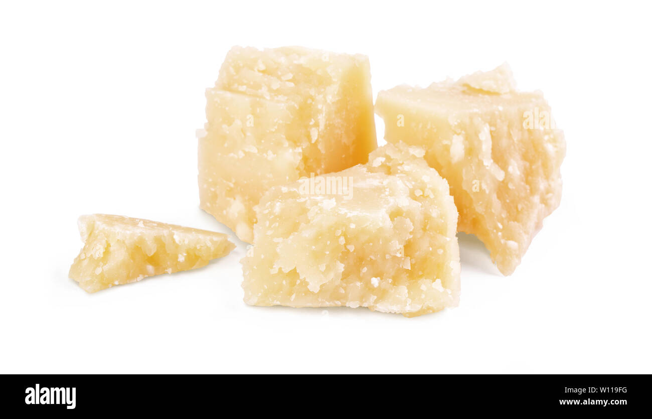 Three slices of permesan reggiano isolated on white background, macro shooting, front view Stock Photo