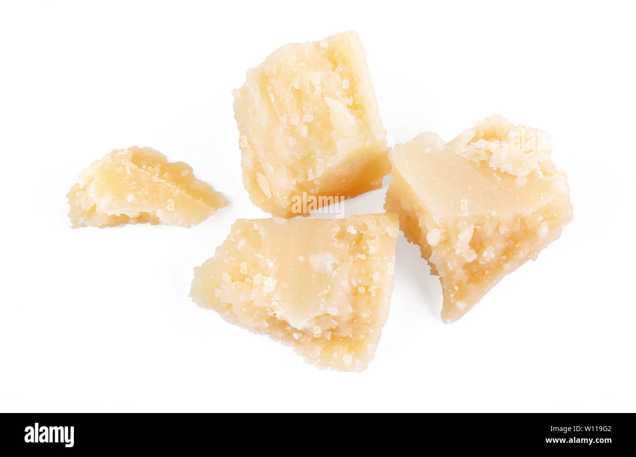 Three slices of permesan reggiano isolated on white background, macro shooting, top view Stock Photo