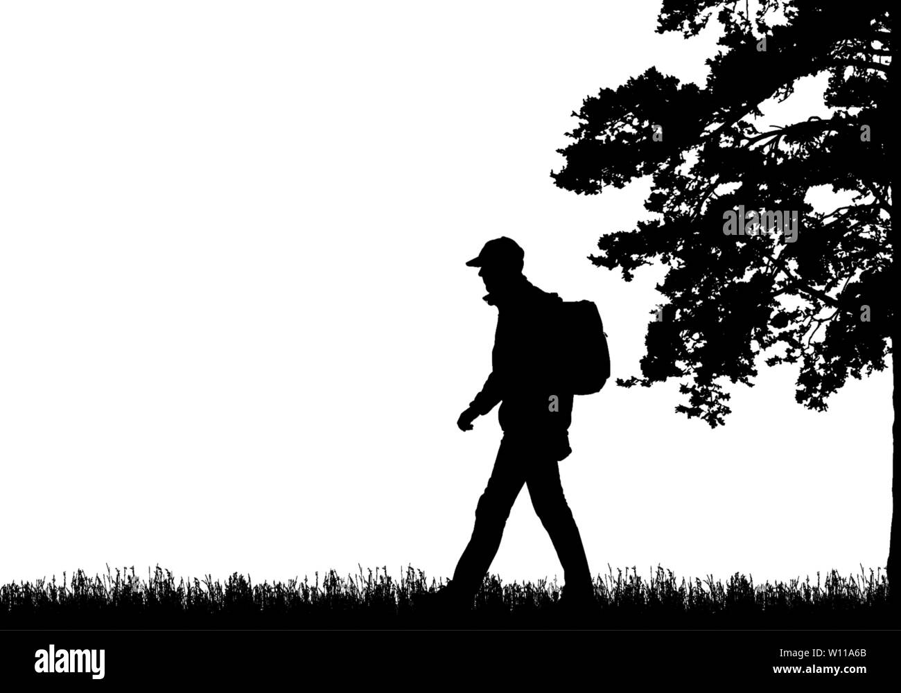 Realistic black illustration of walking tourist with backpack, grass and high tree. Isolated on white background, with space for text - vector Stock Vector