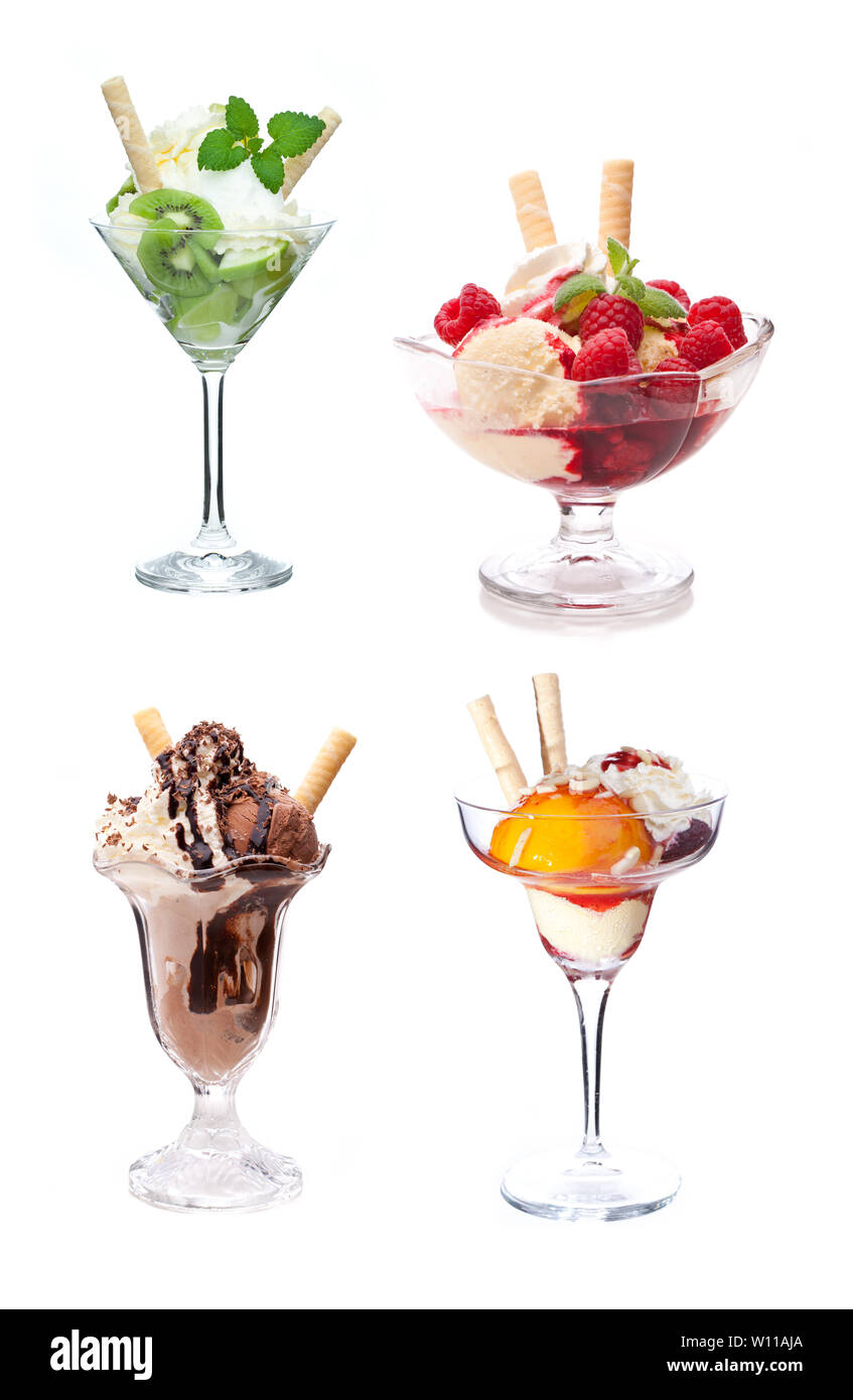 Collection / Set of four different ice cream sundaes. Real edible ice