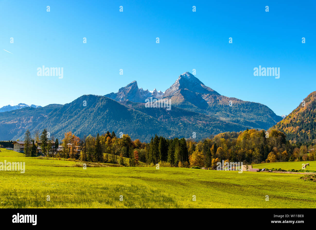Watzmann mountain in autumn by Konigssee (Königssee, Koenigssee). Berchtesgaden National Park, Bavaria (Bayern), Germany. Stock Photo