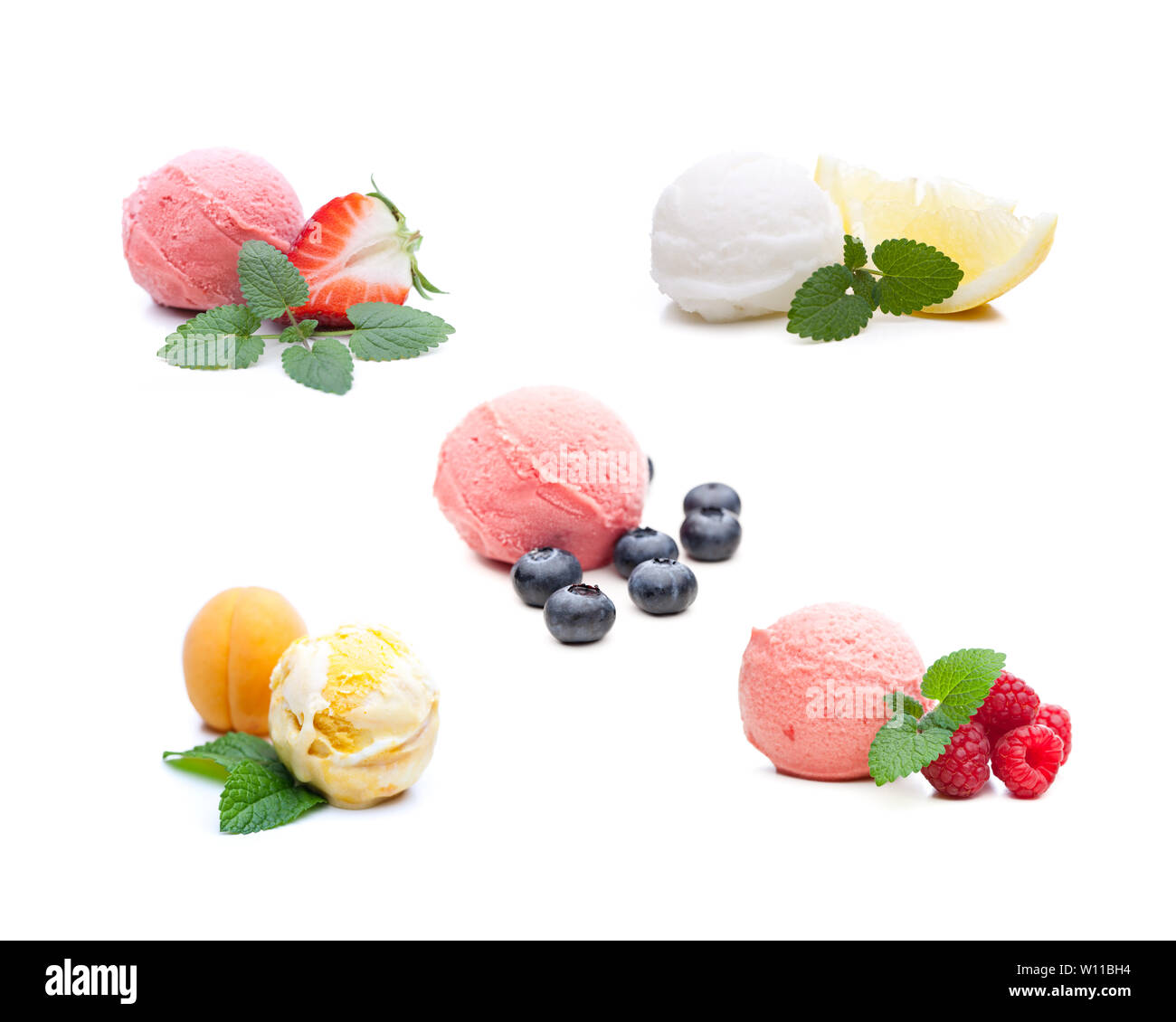 Different scoops of fruit ice cream. Real edible ice cream no