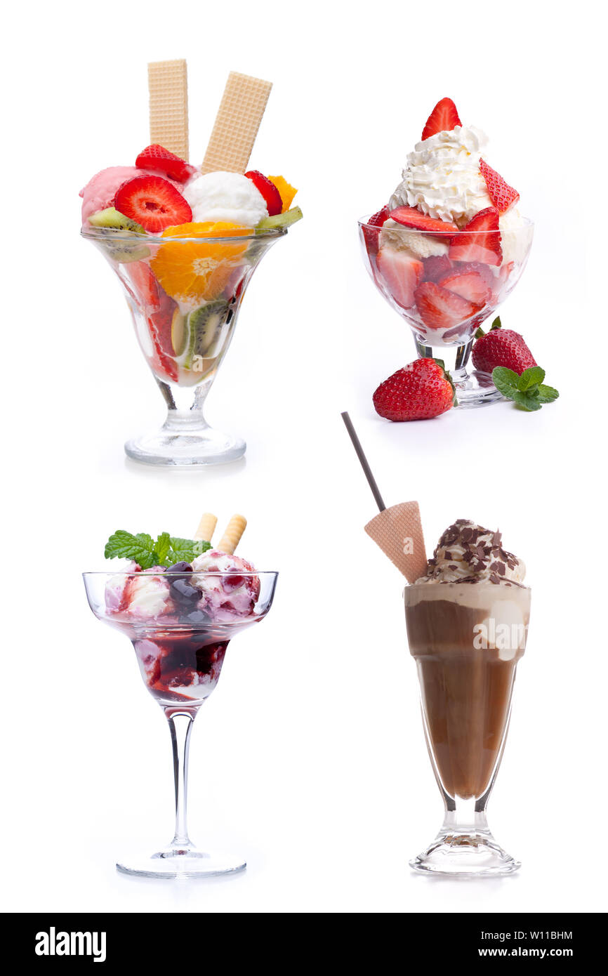 Many different ice cream sundaes. Real edible ice cream no artificial