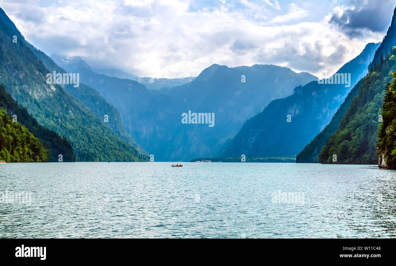 Beautiful view on Konigssee (Königssee, Koenigssee, Königsee, Königsee, Koenigsee Konig) lake. Church St. Bartholomew (Bartholoma, Bartholomae). Berch Stock Photo