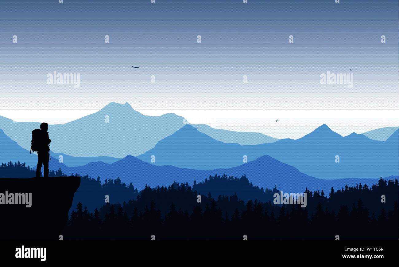 realistic illustration of mountain landscape with coniferous forest ...