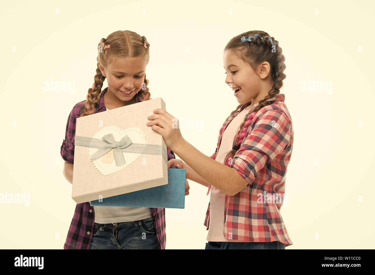 Kids Little Girls With Braids Hairstyle Hold Gift Box Children