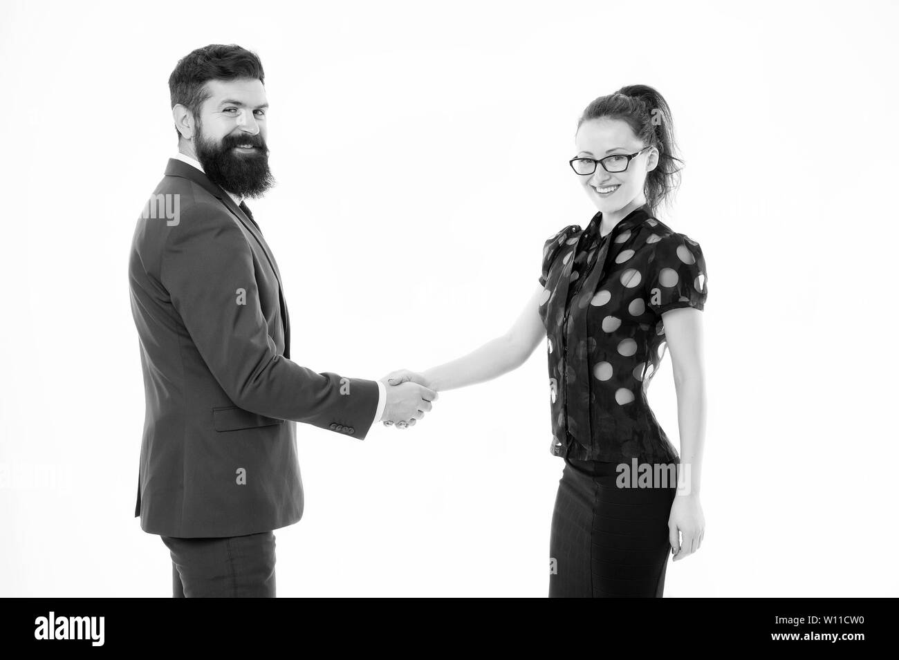 Handshake Successful Deal Business Concept Nothing Personal Just Business Colleagues Man With Beard And Pretty Woman On White Background Business Partners Leadership And Cooperation Balance Stock Photo Alamy alamy