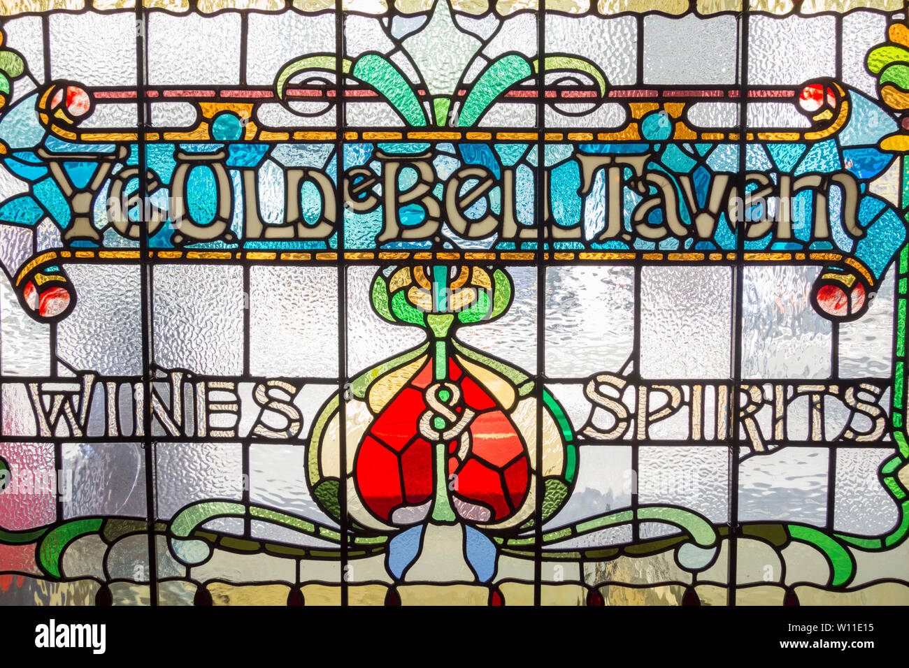 A stained glass window in the Old Bell Tavern on Fleet Street, London, England, UK Stock Photo
