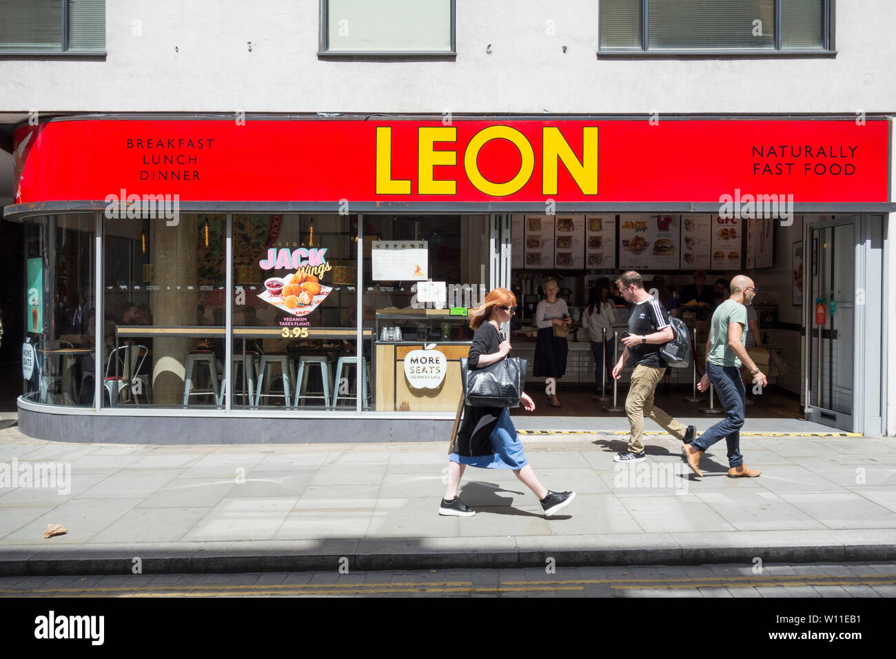 The exterior frontage of Leon fast food restaurant, Zinc House, Cowcross Street, London, EC1, U.K. Stock Photo