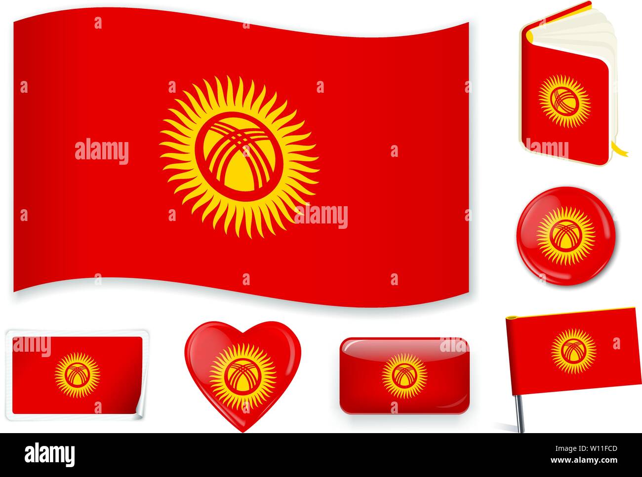 Kyrgyzstan national flag. Vector illustration. 3 layers. Shadows, flat flag, lights and shadows
