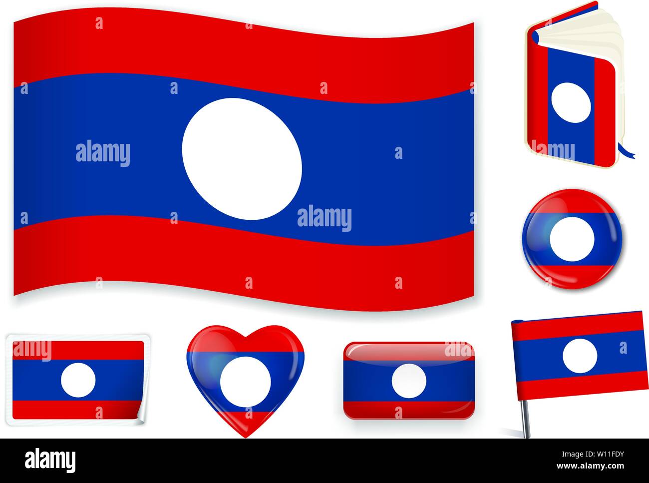 Laos. Laosian national flag. Vector illustration. 3 layers. Shadows, flat flag, lights and shadows. Collection of 220 world flags. Accurate colors. Easy changes. Stock Vector