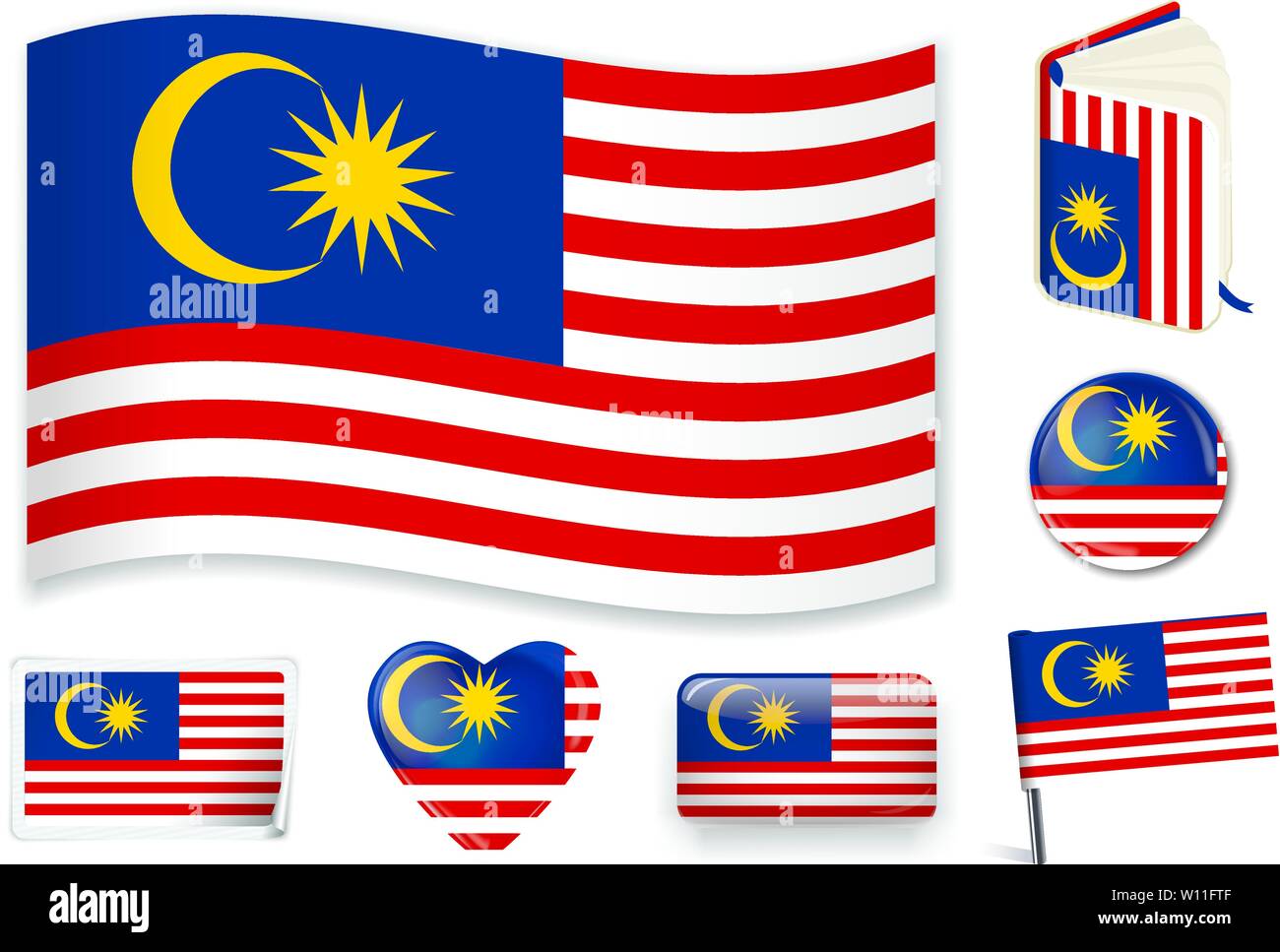 Malaysia. Malaysian national flag. Vector illustration. 3 layers. Shadows, flat flag, lights and shadows. Collection of 220 world flags. Accurate colors. Easy changes. Stock Vector