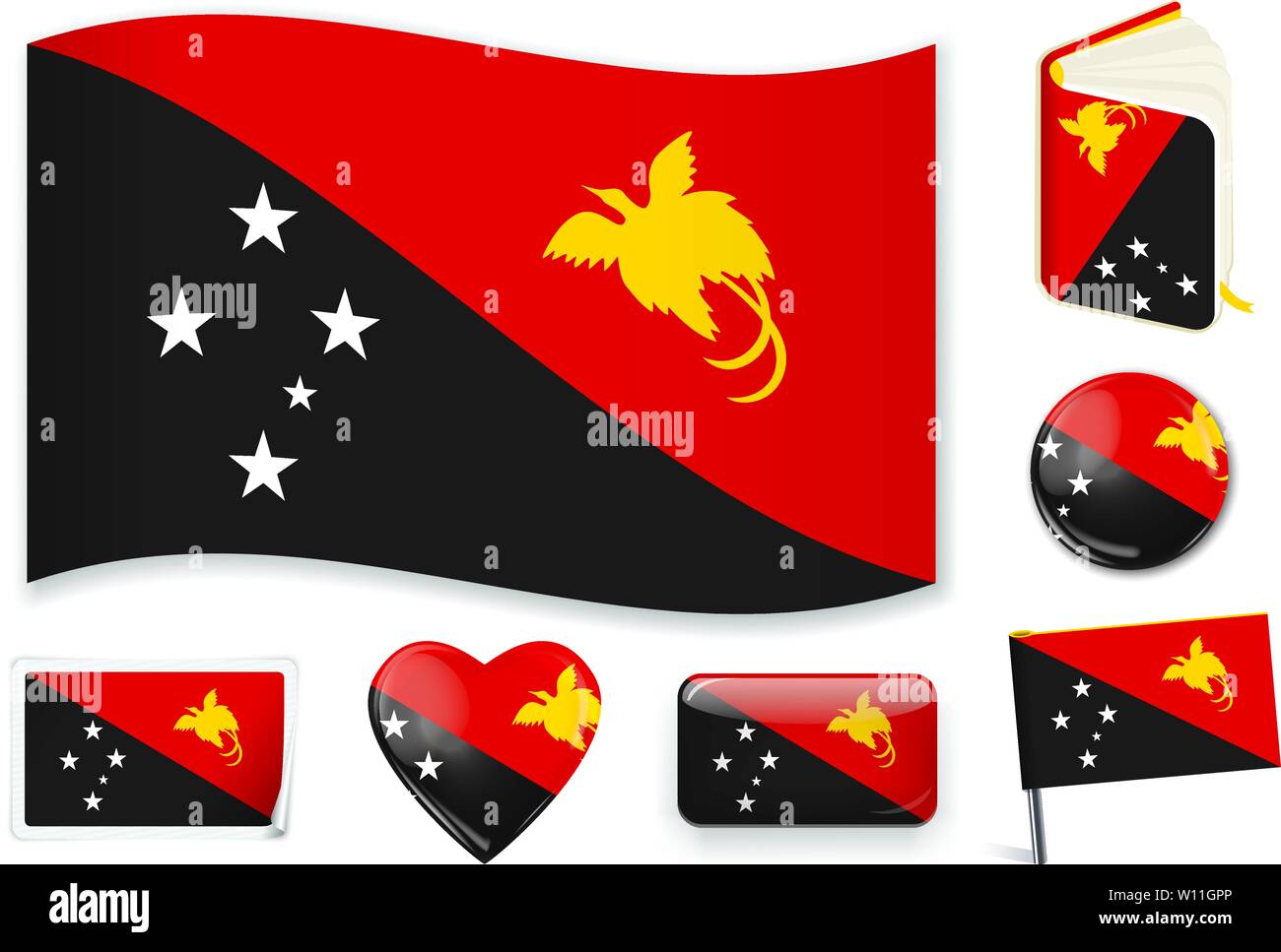 Papua New Guinea national flag. Vector illustration. 3 layers. Shadows, flat flag, lights and shadows. Collection of 220 world flags. Accurate colors. Easy changes. Stock Vector