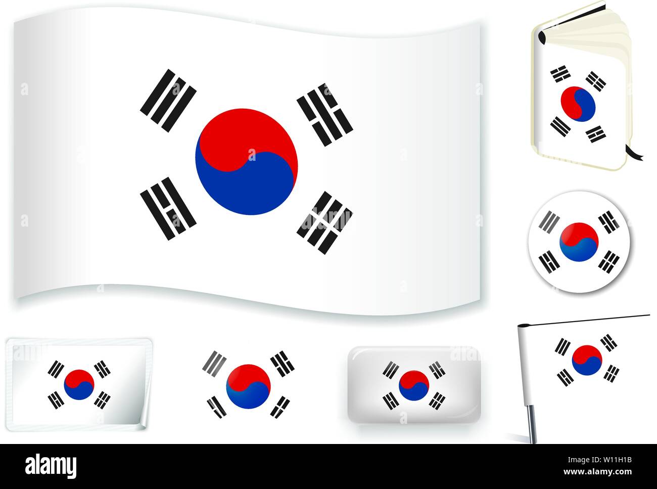South Korea. South Korean national flag. Vector illustration. 3 layers. Shadows, flat flag, lights and shadows. Collection of 220 world flags. Accurate colors. Easy changes. Stock Vector