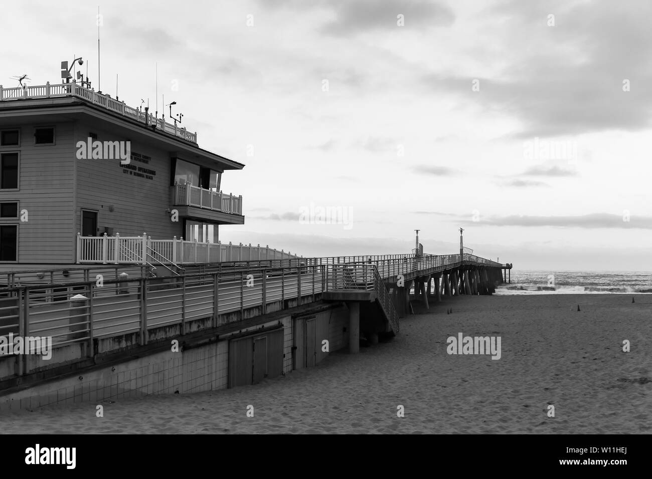 HERMOSA BEACH, USA - MAY 21, 2019: The Lifeguard-Station at the Pier in Hermosa Beach near Los Angeles. Photographed in the morning. Stock Photo