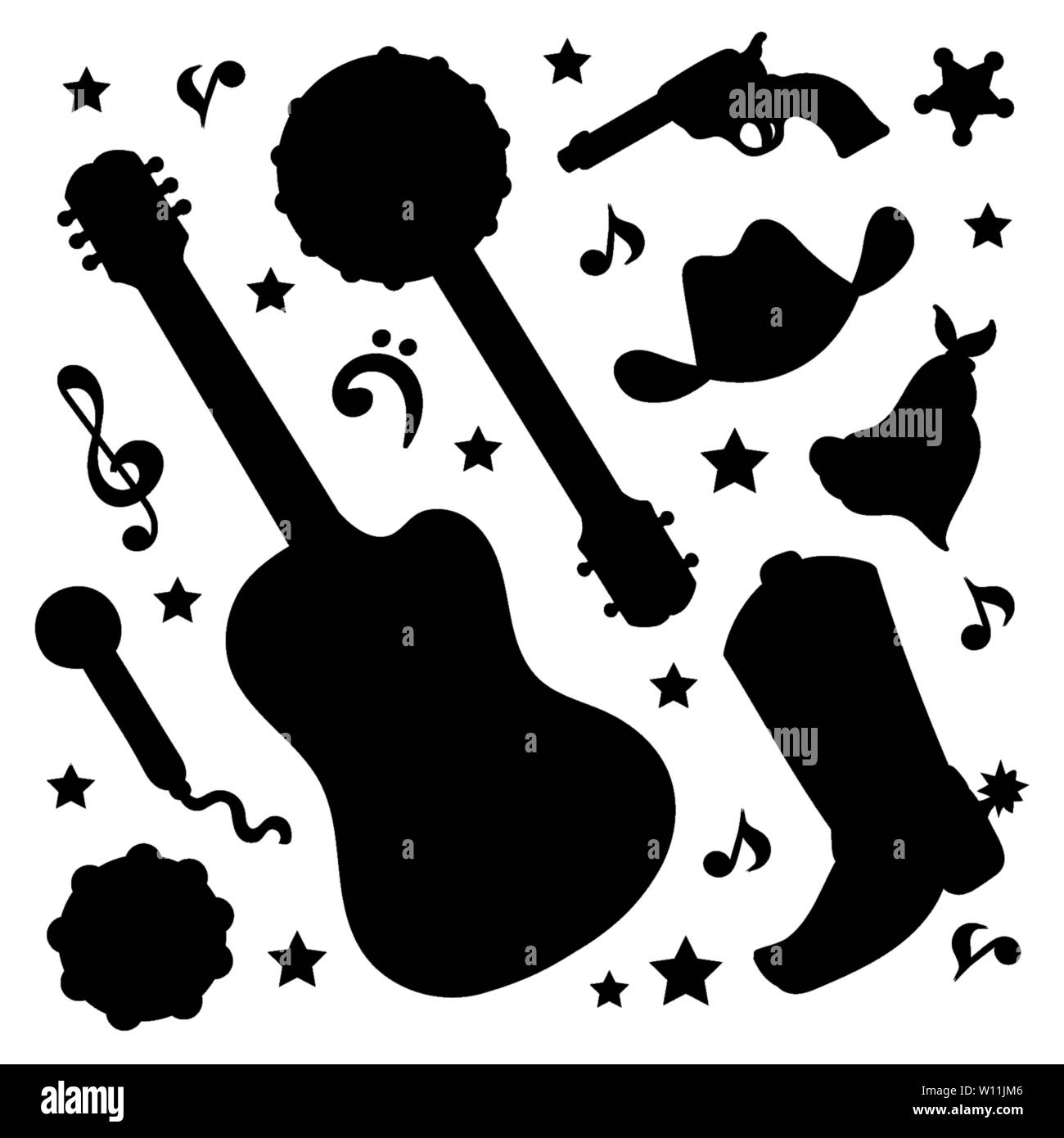 COUNTRY SHADOWS American Cowboy Western Music Festival Vector Illustration Set for Print Fabric and Decoration Stock Vector