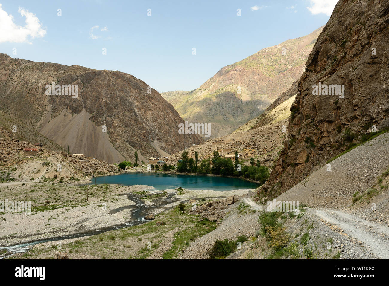 The beautiful seven lake trekking destination. View on the lake number five of the Fan Mountains in Tajikistan, Central Asia. Stock Photo