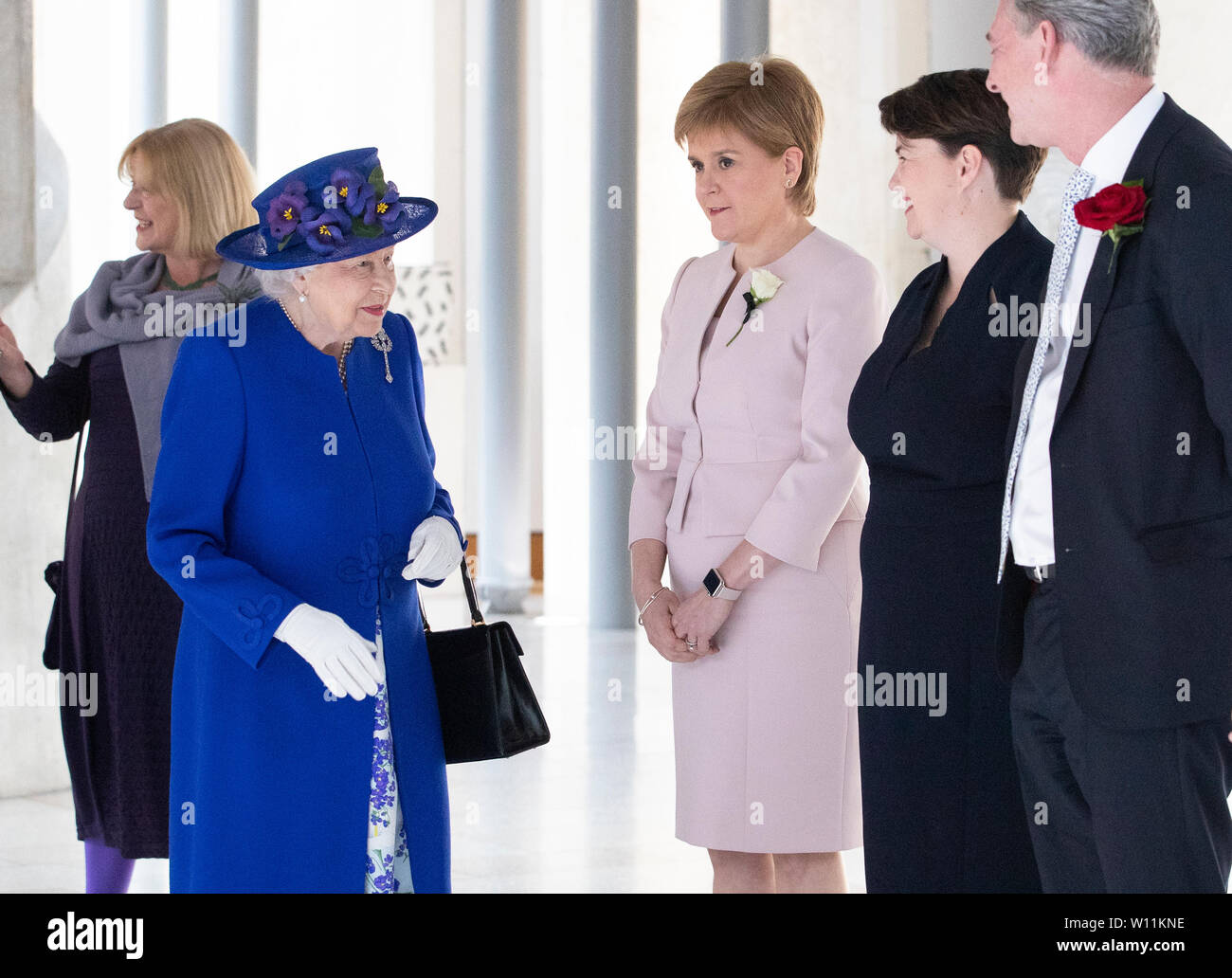 Queen Elizabeth Ii Meets From Left First Minister Nicola Sturgeon Scottish Conservative Leader Ruth Davidson And Scottish Labour Leader Richard Leonard In The Garden Lobby Of The Scottish Parliament In Edinburgh During