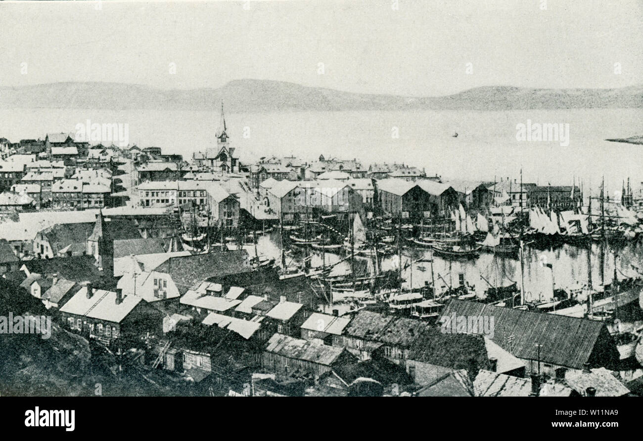 This photo dating to the 1920s has the caption: Hammerfest, the town farthest north. Hammerfest is a town in northern Norway on Kvaloy Island. It is the northernmost town in Europe and its harbor is always ice-free. Stock Photo