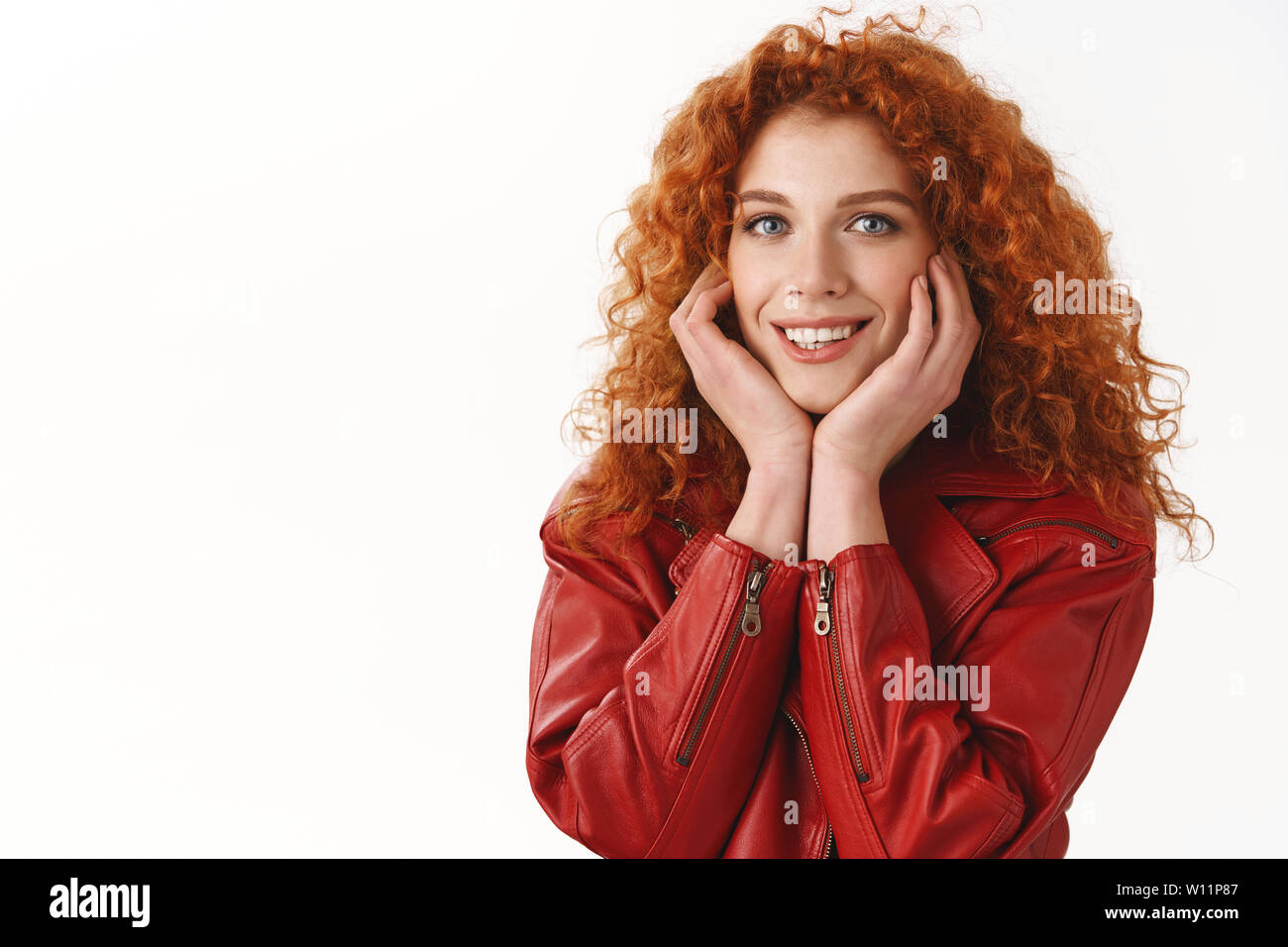 Close Up Attractive Ginger Girl Curly Hairstyle Blue Eyes