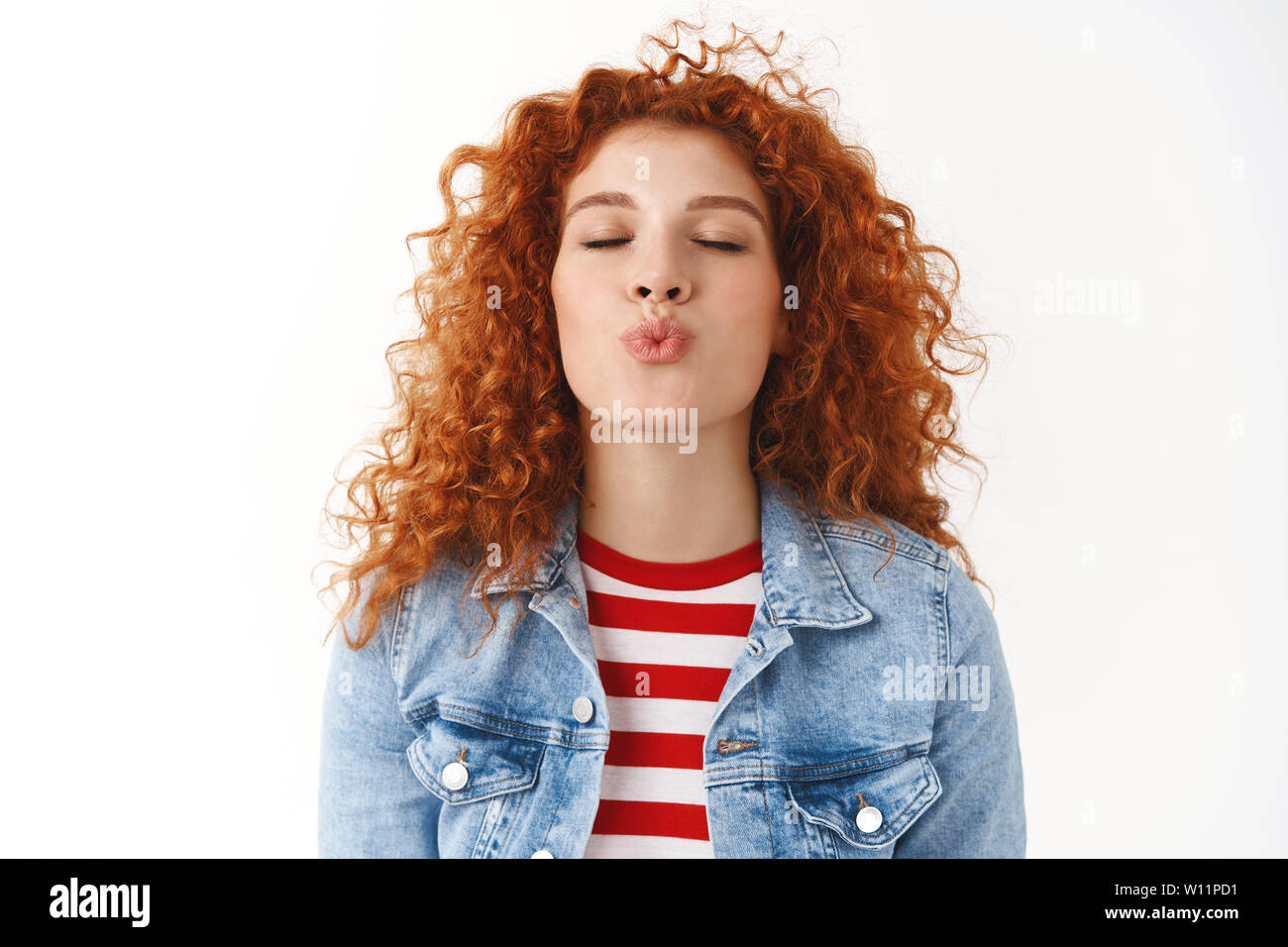 Close Up Romantic Cute Feminine Silly Redhead Girl Curly Hairstyle Prepared Lips Kiss Folding