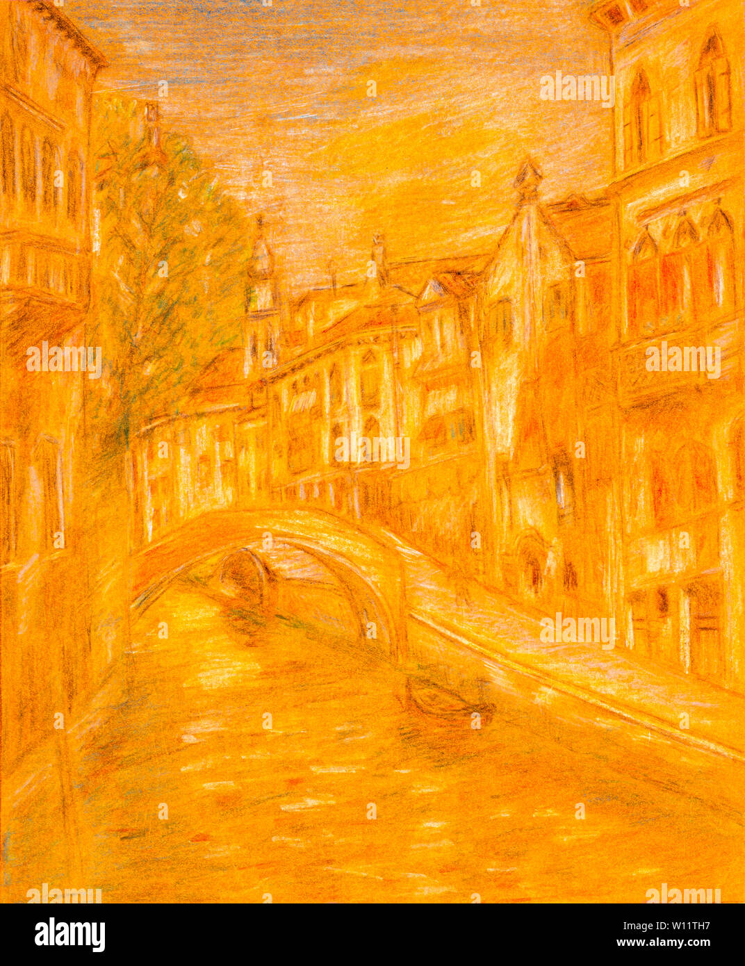 Pencil sketch of Venice city scene on orange colored paper. Stock Photo